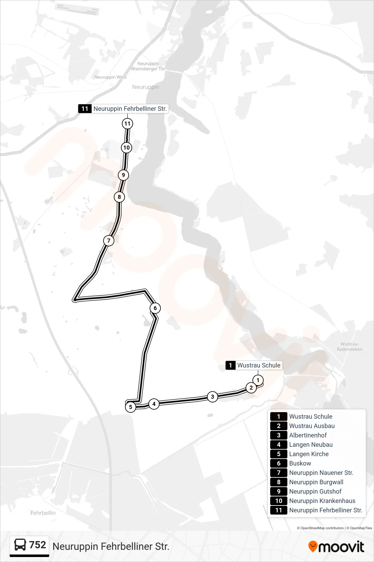 Linie 752 (Bus) Richtung Neuruppin Fehrbelliner Str.: Route und Haltestellen auf der Karte