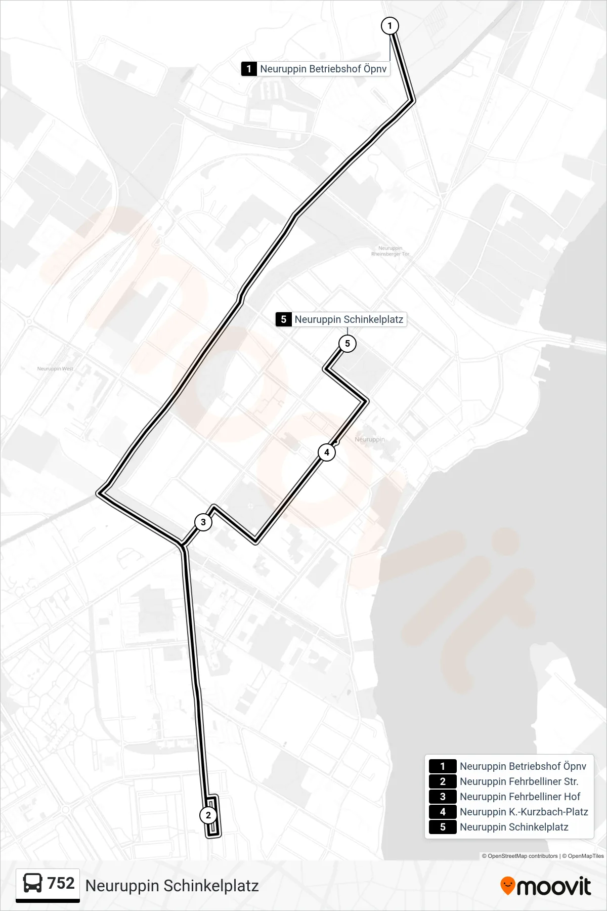 Linie 752 (Bus) Richtung Neuruppin Schinkelplatz: Route und Haltestellen auf der Karte