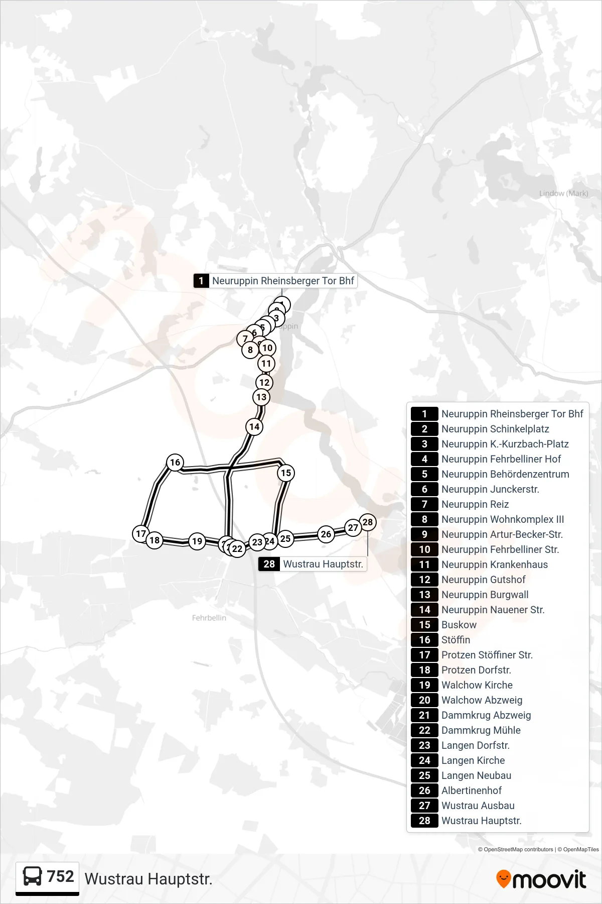 Linie 752 (Bus) Richtung Wustrau Hauptstr.: Route und Haltestellen auf der Karte