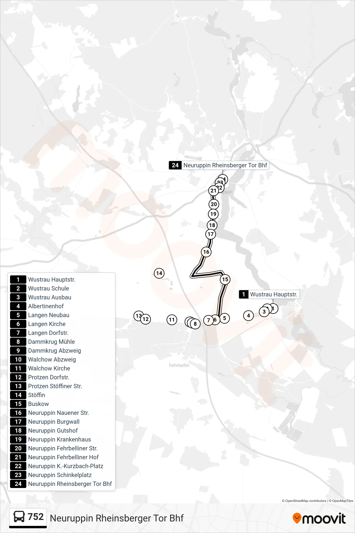 Linie 752 (Bus) Richtung Neuruppin Rheinsberger Tor Bhf: Route und Haltestellen auf der Karte