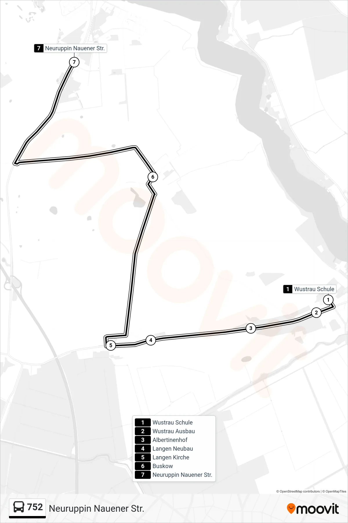 Linie 752 (Bus) Richtung Neuruppin Nauener Str.: Route und Haltestellen auf der Karte
