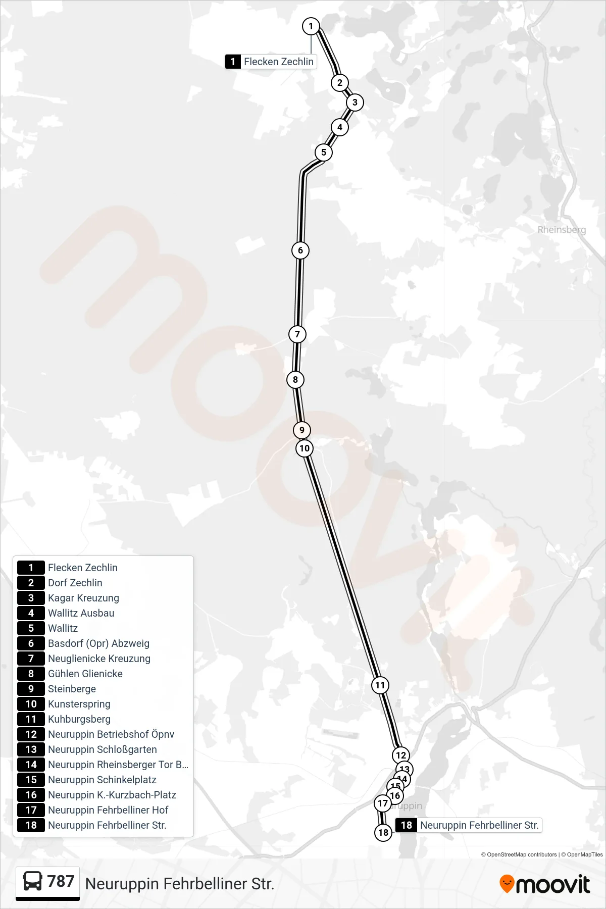 Linie 787 (Bus) Richtung Neuruppin Fehrbelliner Str.: Route und Haltestellen auf der Karte