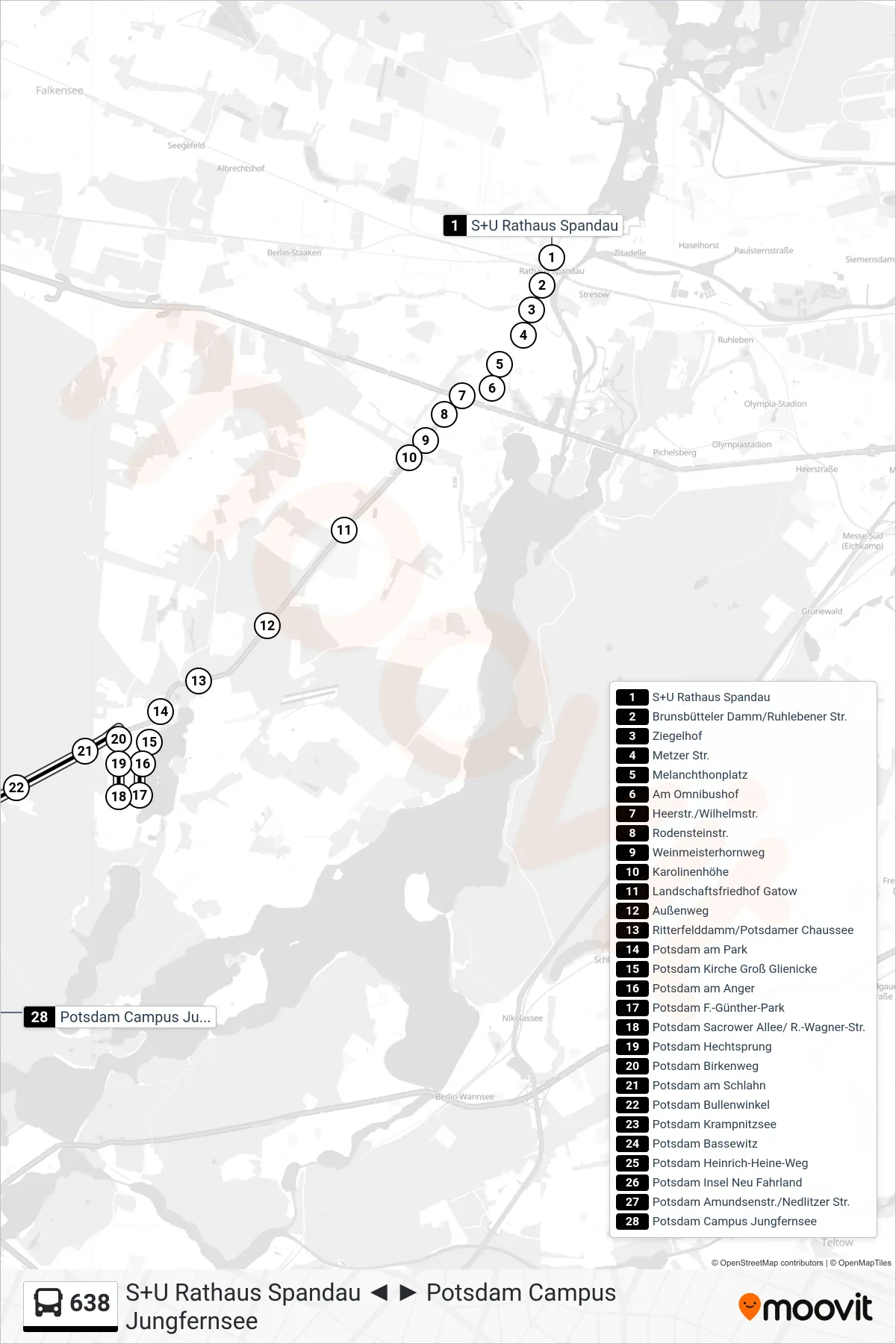 Linie 638 (Bus) Richtung Potsdam Campus Jungfernsee: Route und Haltestellen auf der Karte