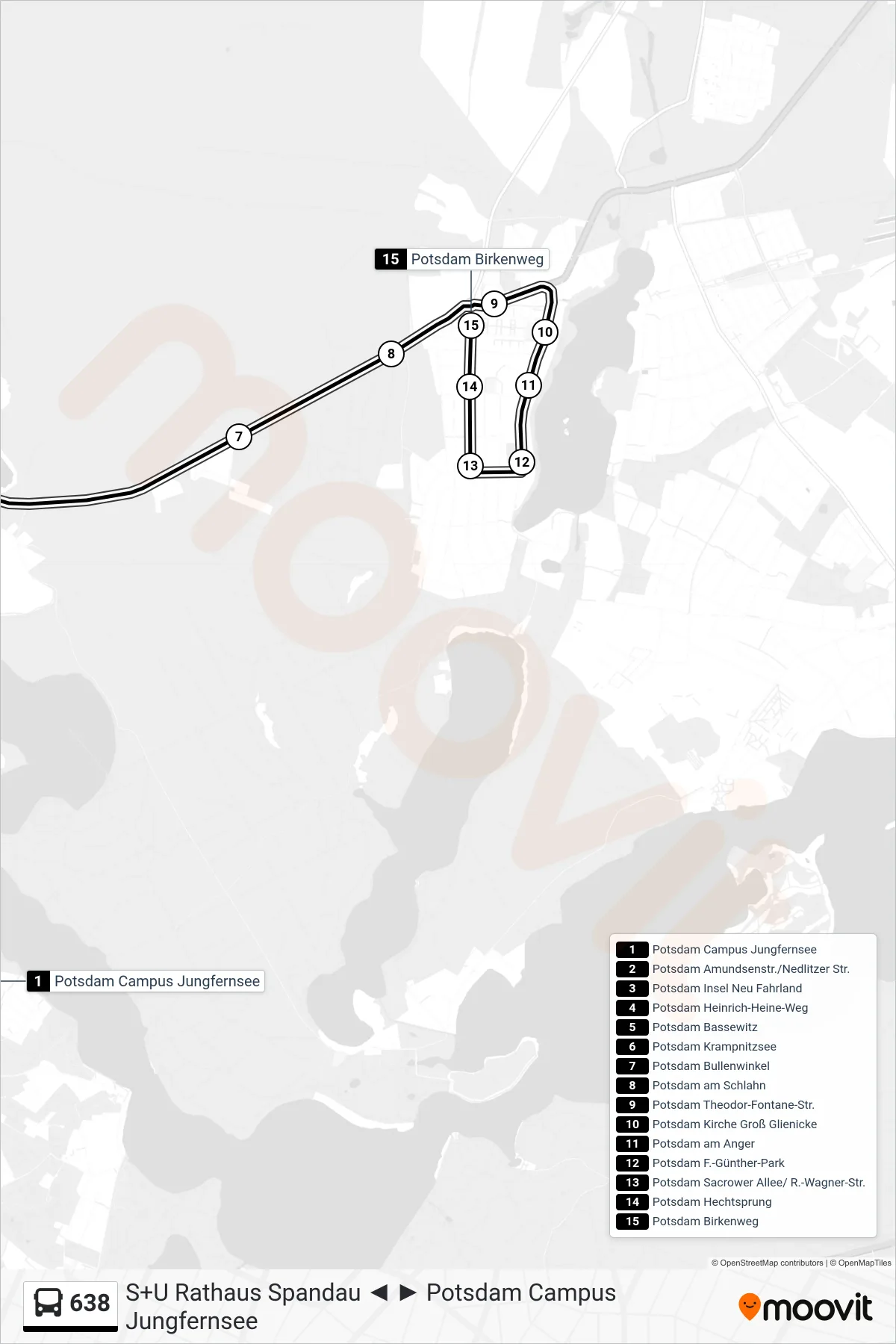 Linie 638 (Bus) Richtung Potsdam Birkenweg: Route und Haltestellen auf der Karte