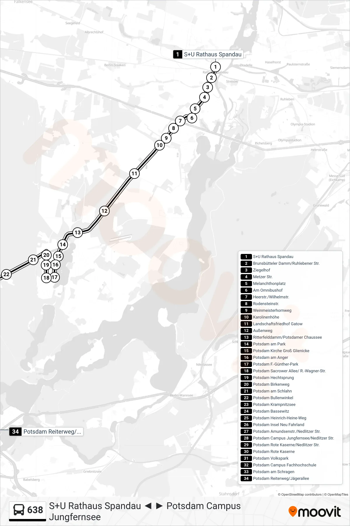 Linie 638 (Bus) Richtung Potsdam Reiterweg/Jägerallee: Route und Haltestellen auf der Karte