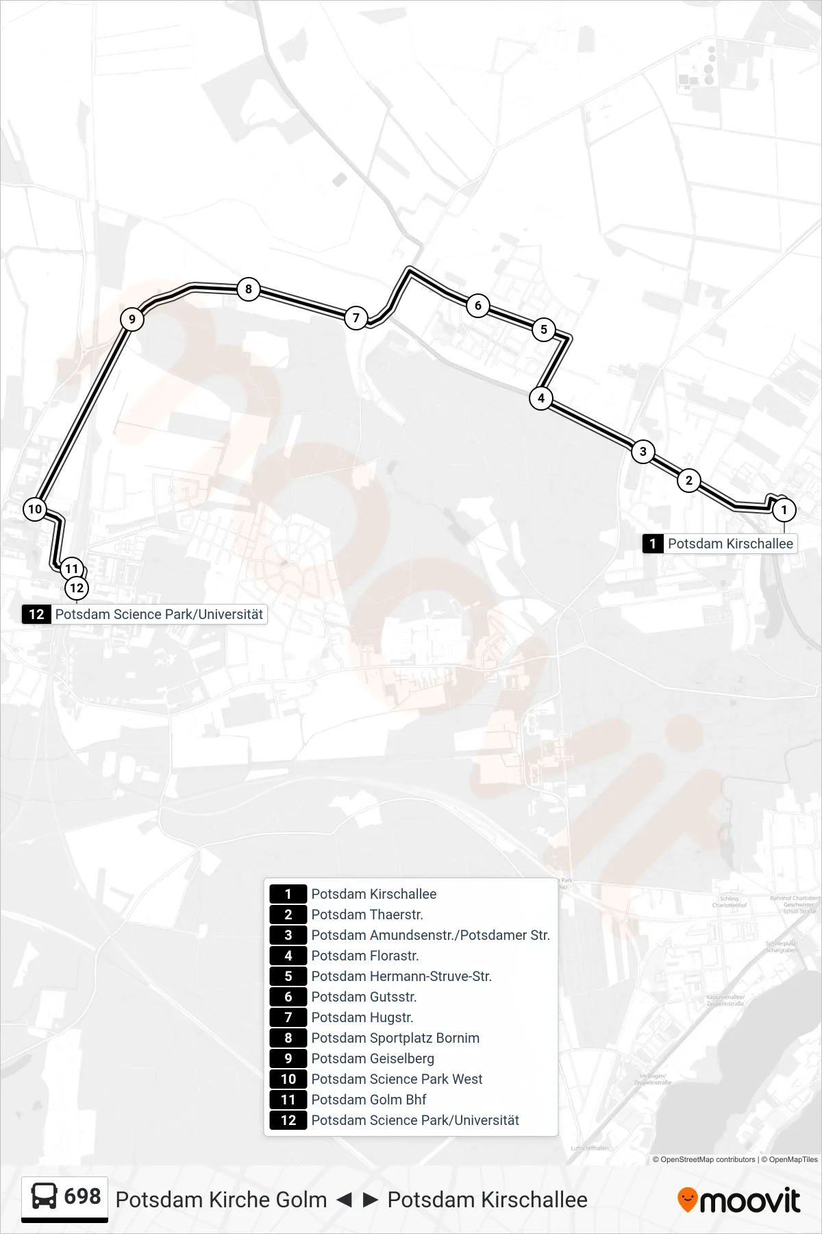 Linie 698 (Bus) Richtung Potsdam Science Park/Universität: Route und Haltestellen auf der Karte