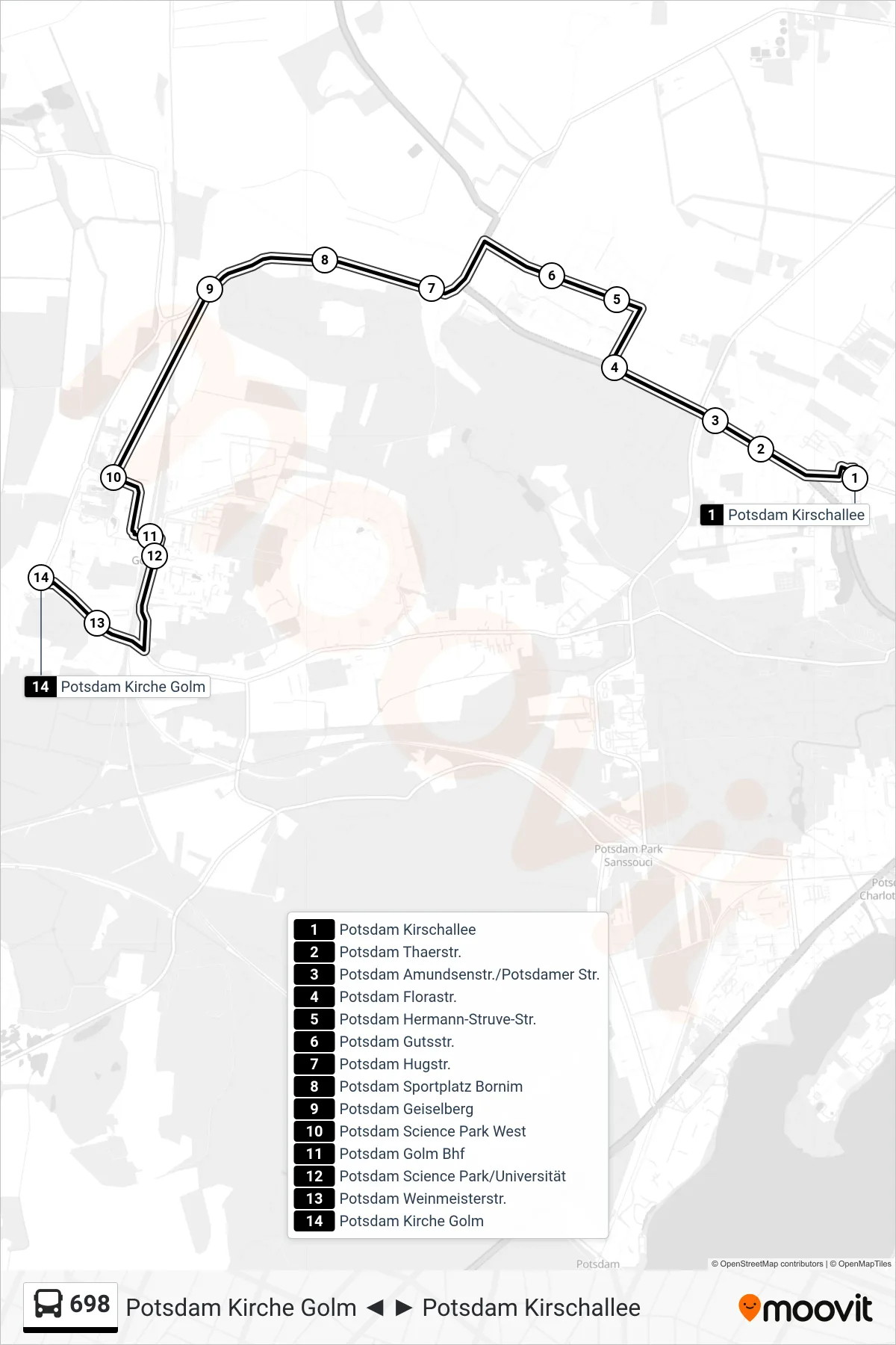 698 bus Line (Potsdam Kirche Golm) route and stops on a map