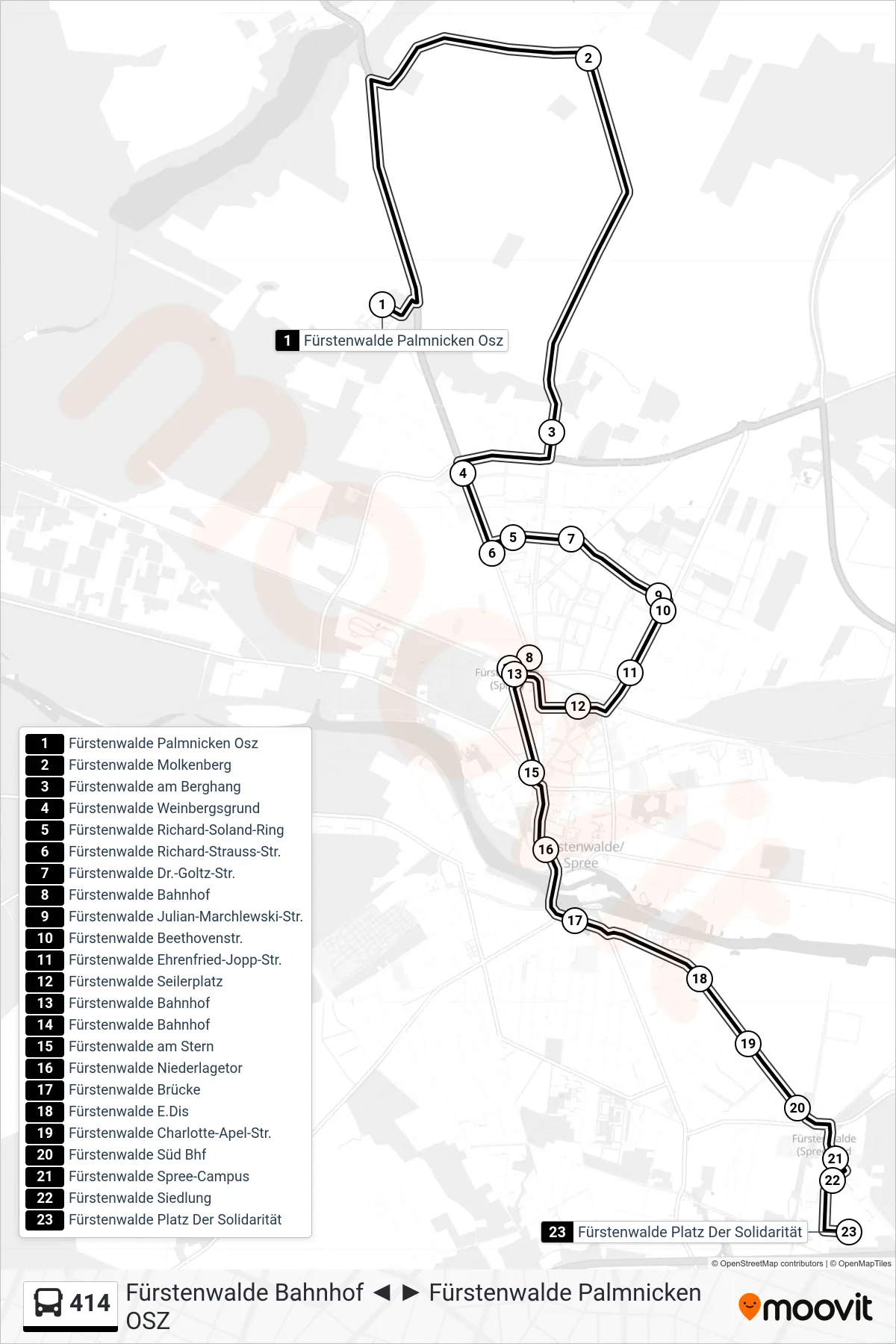 Linie 414 (Bus) Richtung Fürstenwalde Platz Der Solidarität: Route und Haltestellen auf der Karte