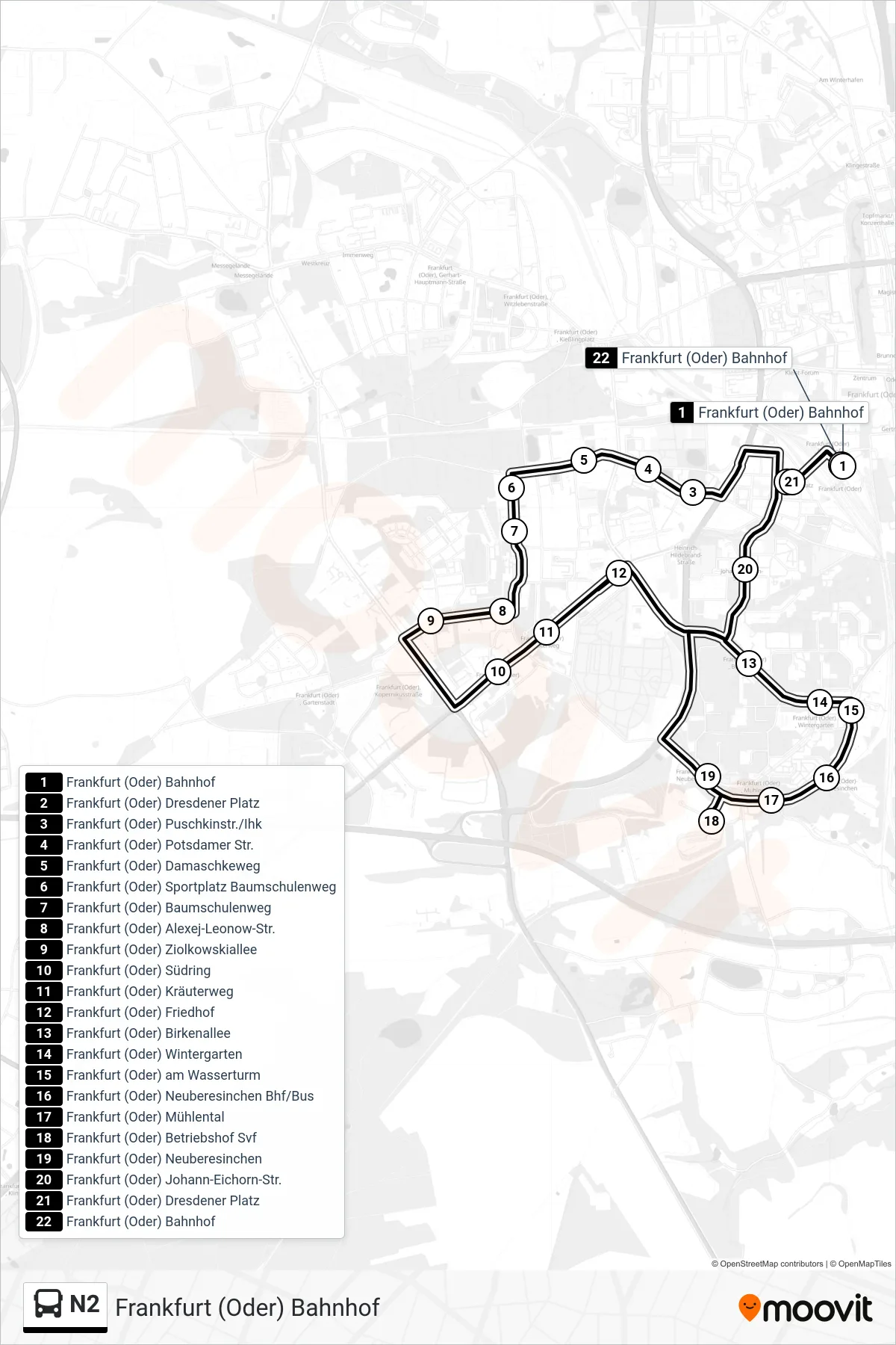 Linie N2 (Bus) Richtung Frankfurt (Oder) Bahnhof: Route und Haltestellen auf der Karte