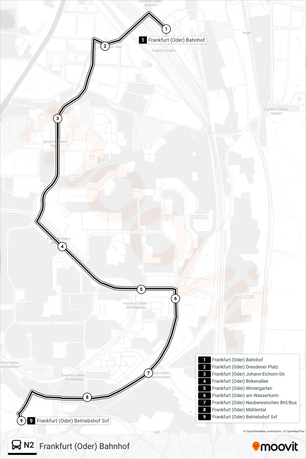 Linie N2 (Bus) Richtung Frankfurt (Oder) Betriebshof Svf: Route und Haltestellen auf der Karte