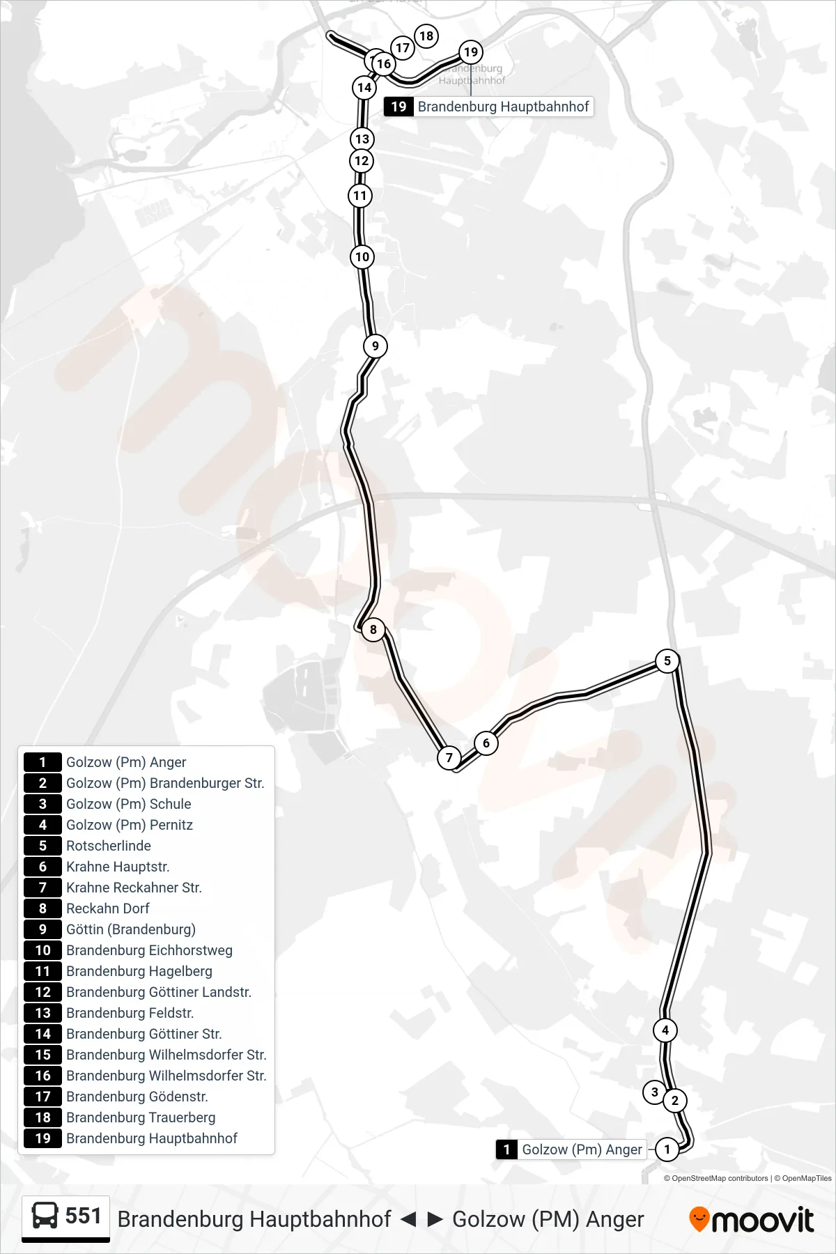 Linie 551 (Bus) Richtung Brandenburg Hauptbahnhof: Route und Haltestellen auf der Karte