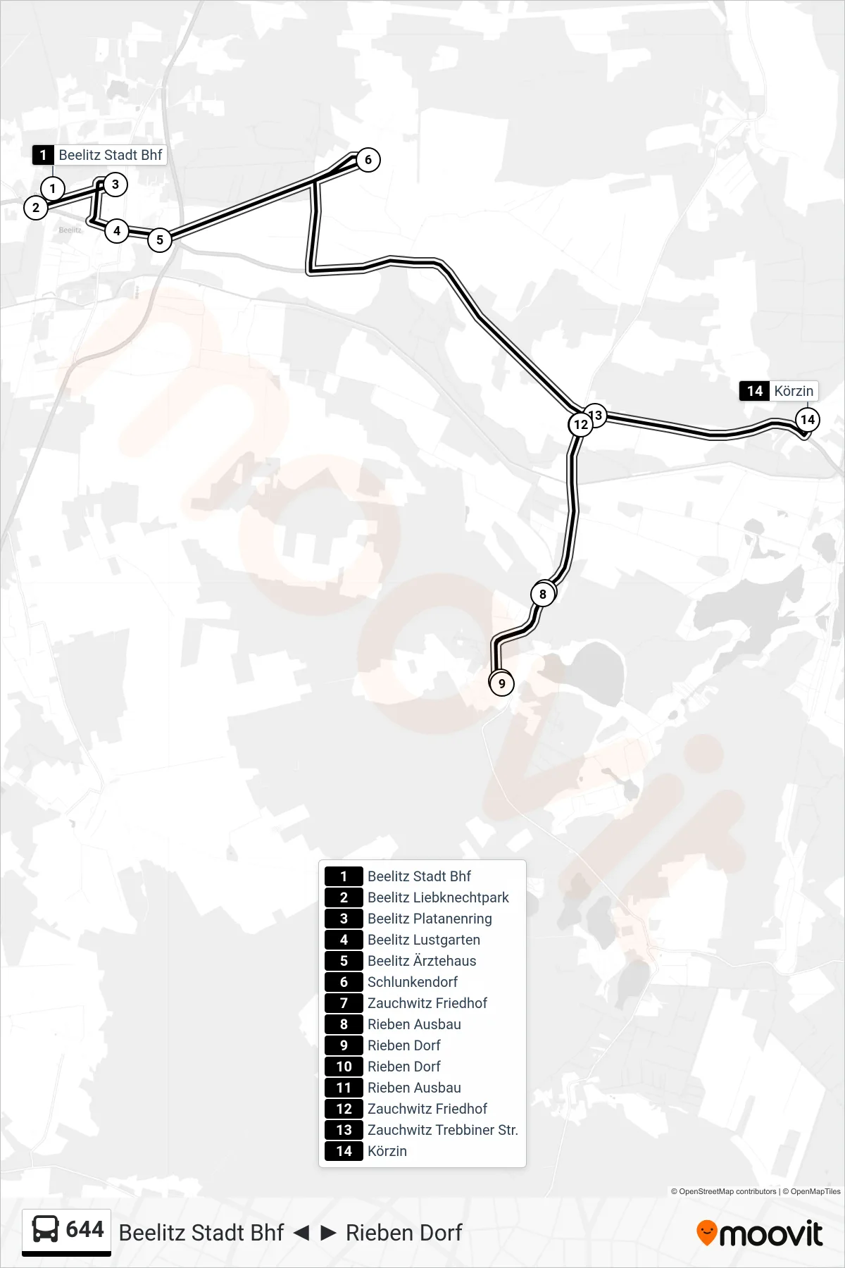 Linie 644 (Bus) Richtung Körzin: Route und Haltestellen auf der Karte