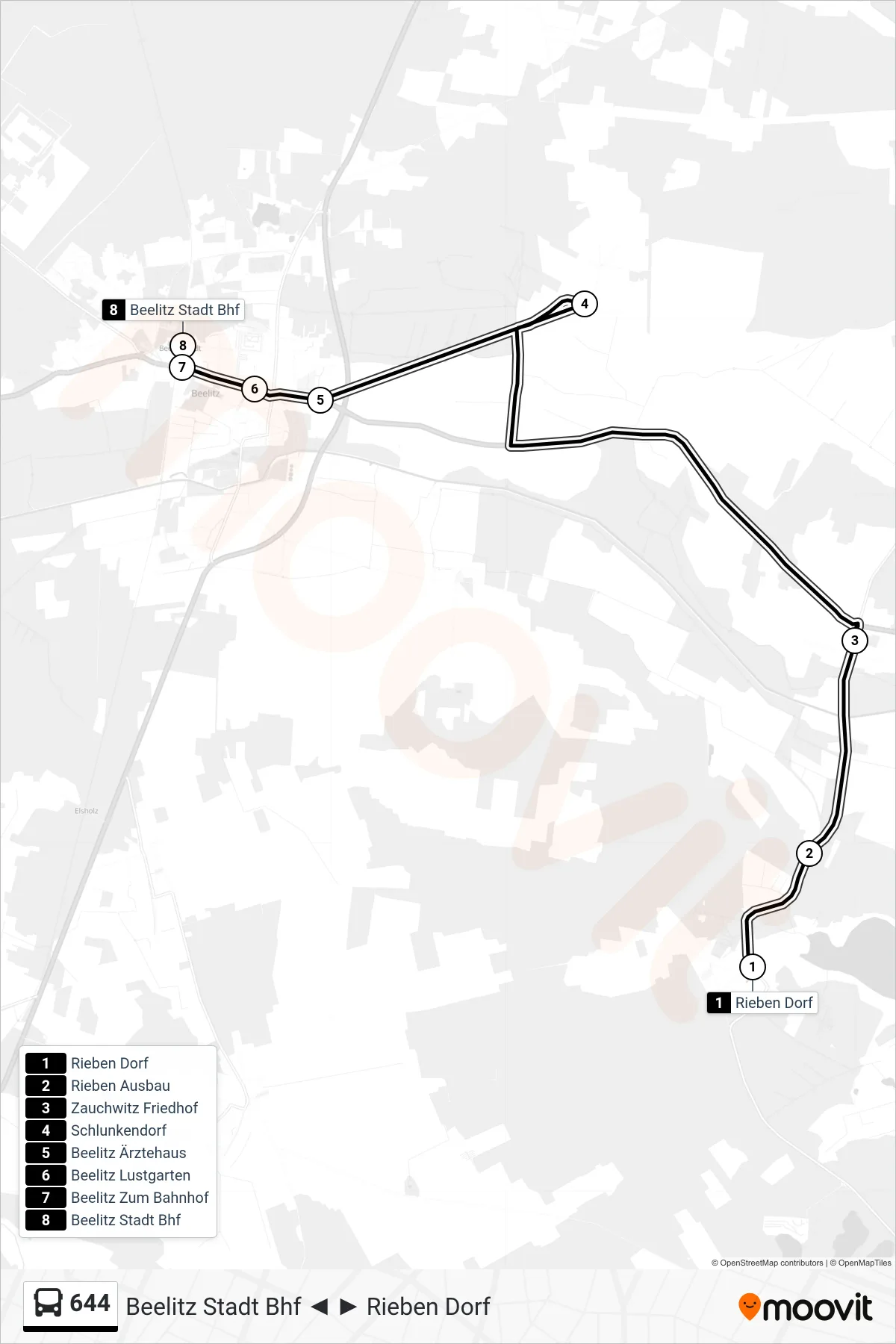 Linie 644 (Bus) Richtung Beelitz Stadt Bhf: Route und Haltestellen auf der Karte