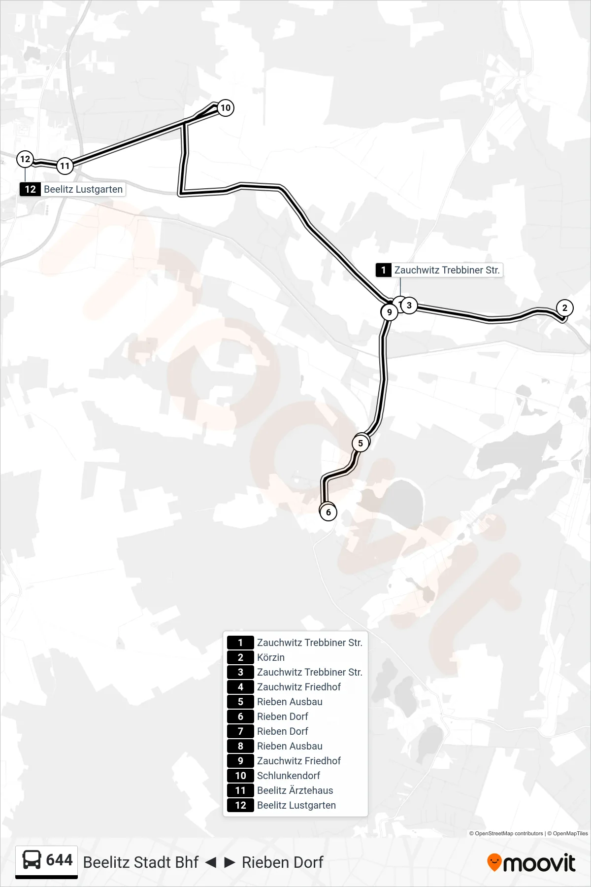 Linie 644 (Bus) Richtung Beelitz Lustgarten: Route und Haltestellen auf der Karte