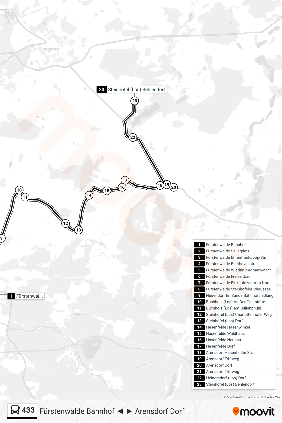 433 bus Line (Steinhöfel (Los) Behlendorf) route and stops on a map