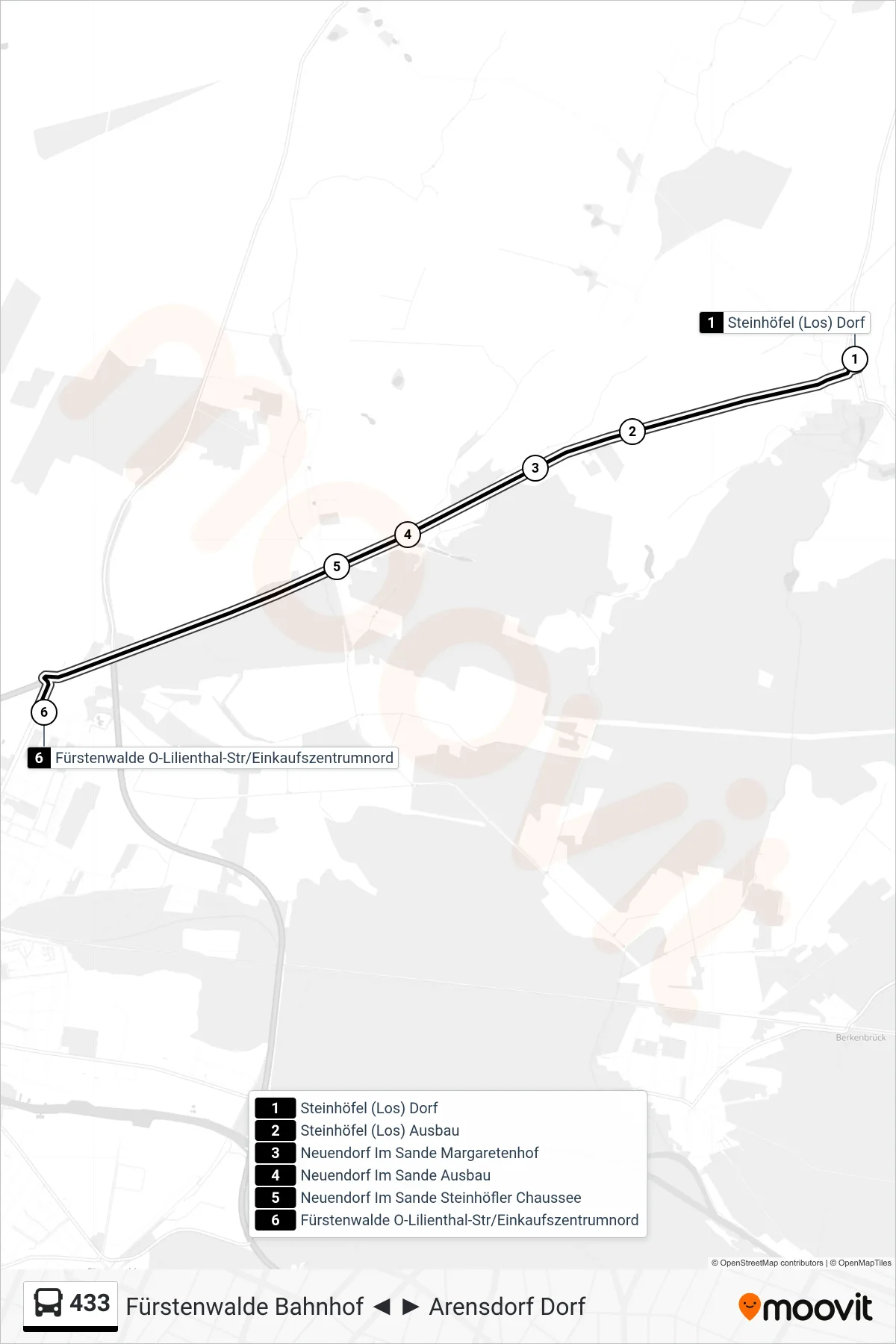 433 bus Line (Fürstenwalde O-Lilienthal-Str/Einkaufszentrumnord) route and stops on a map