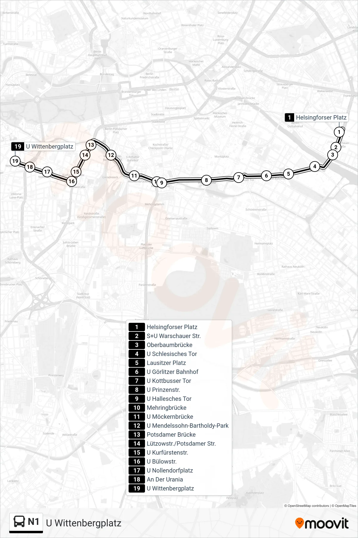 N1 bus Line (U Wittenbergplatz) route and stops on a map