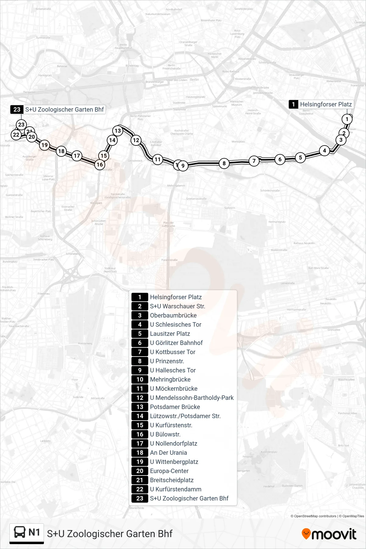 Linie N1 (Bus) Richtung S+U Zoologischer Garten Bhf: Route und Haltestellen auf der Karte