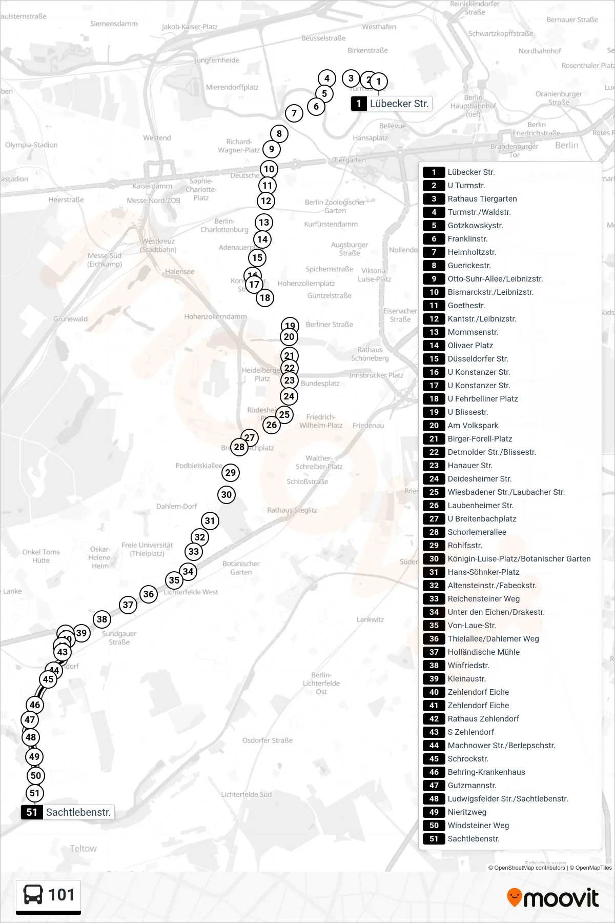 Linie 101 (Bus) Richtung Zehlendorf, Sachtlebenstr.: Route und Haltestellen auf der Karte