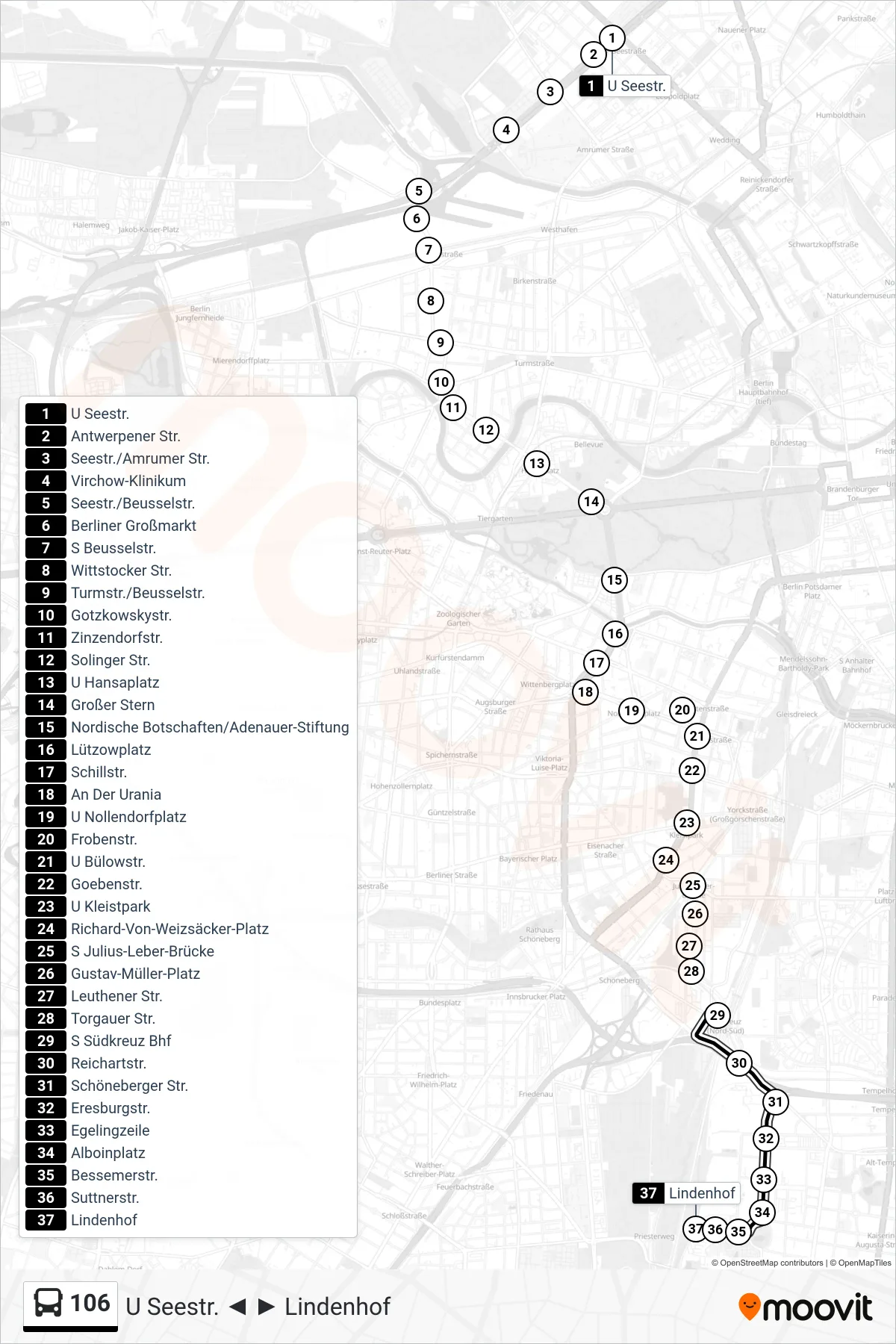 Linie 106 (Bus) Richtung Lindenhof: Route und Haltestellen auf der Karte