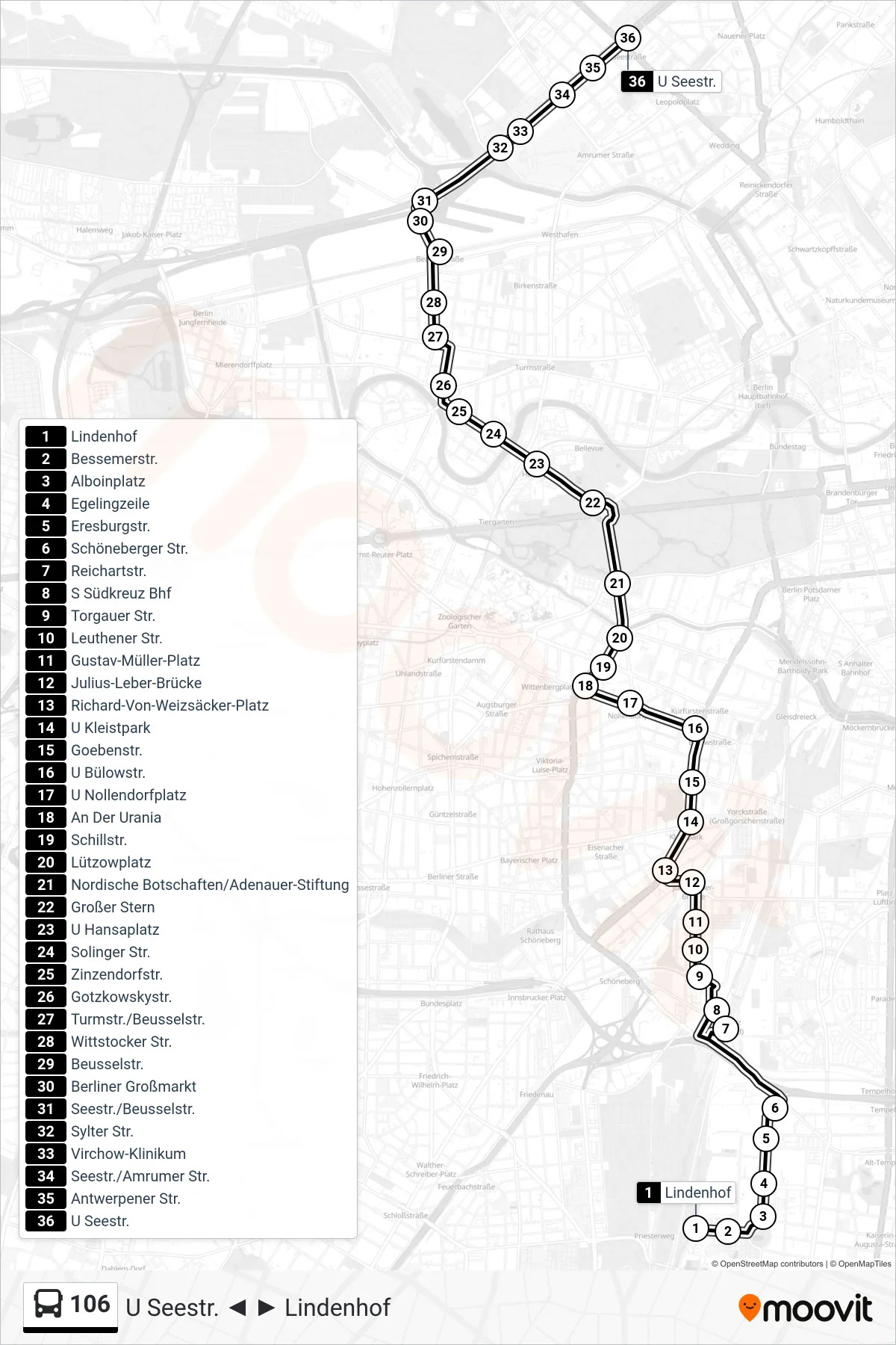 Linie 106 (Bus) Richtung U Seestr.: Route und Haltestellen auf der Karte