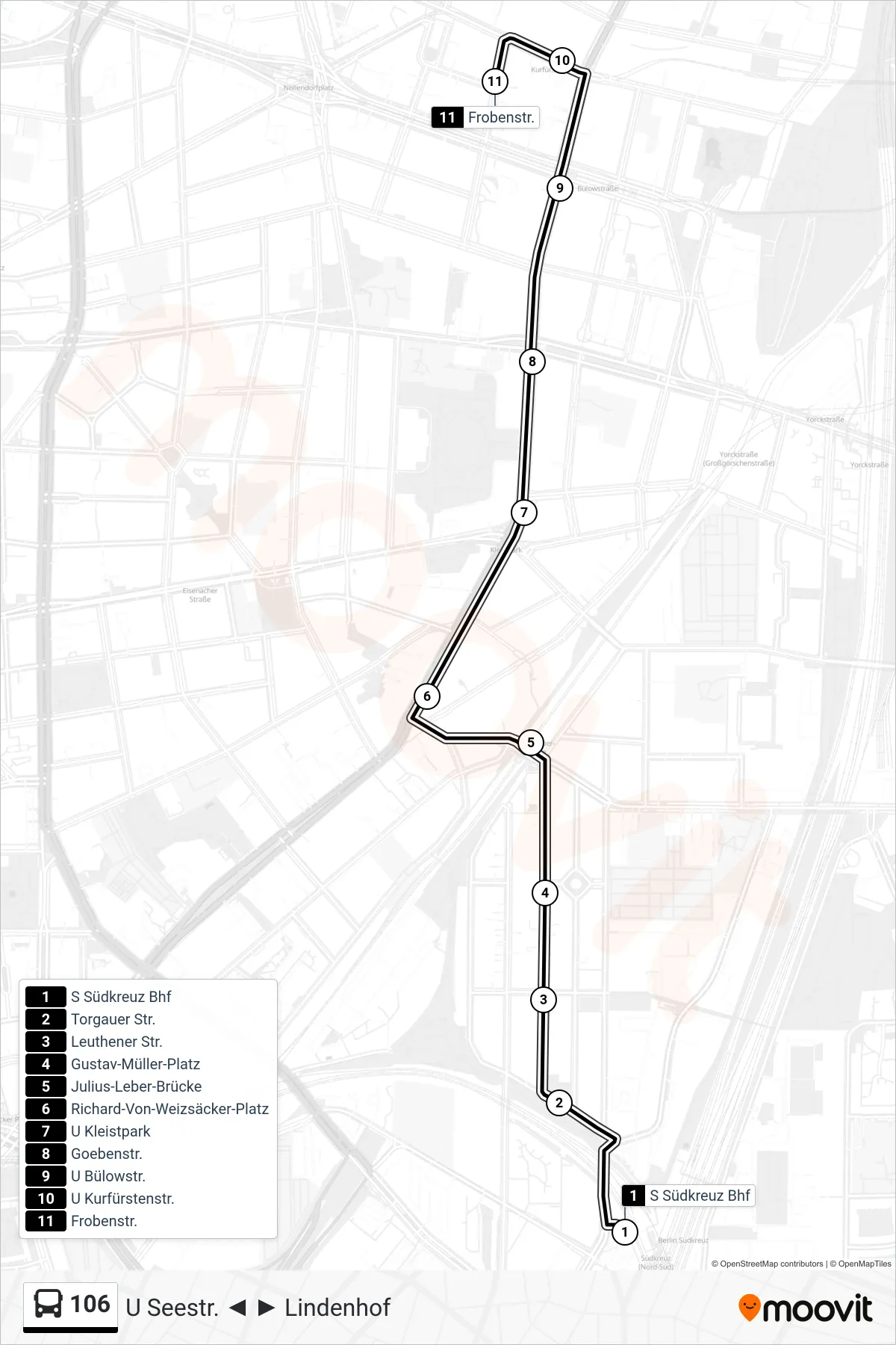 106 bus Line (Frobenstr.) route and stops on a map
