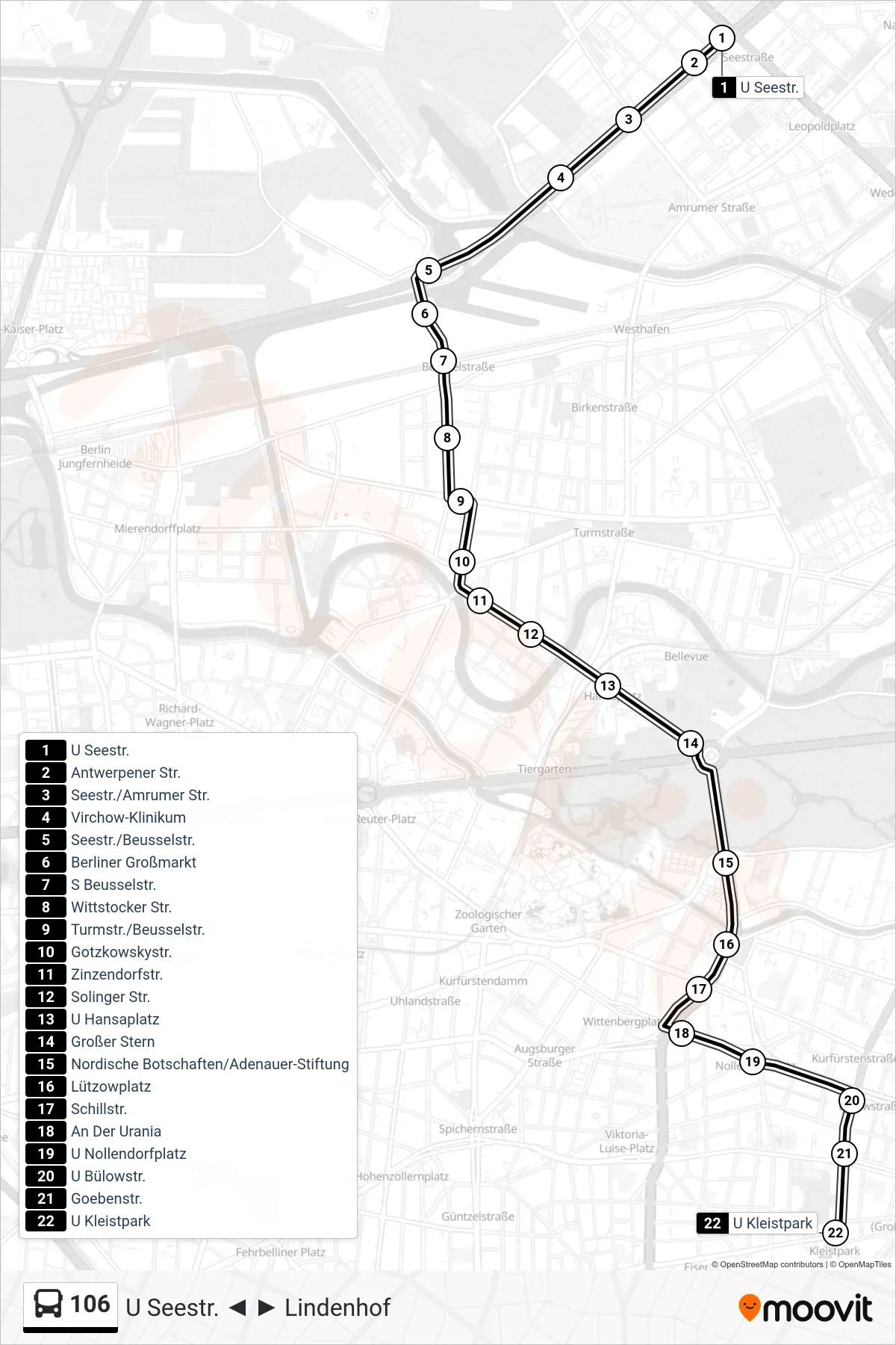 Linie 106 (Bus) Richtung U Kleistpark: Route und Haltestellen auf der Karte
