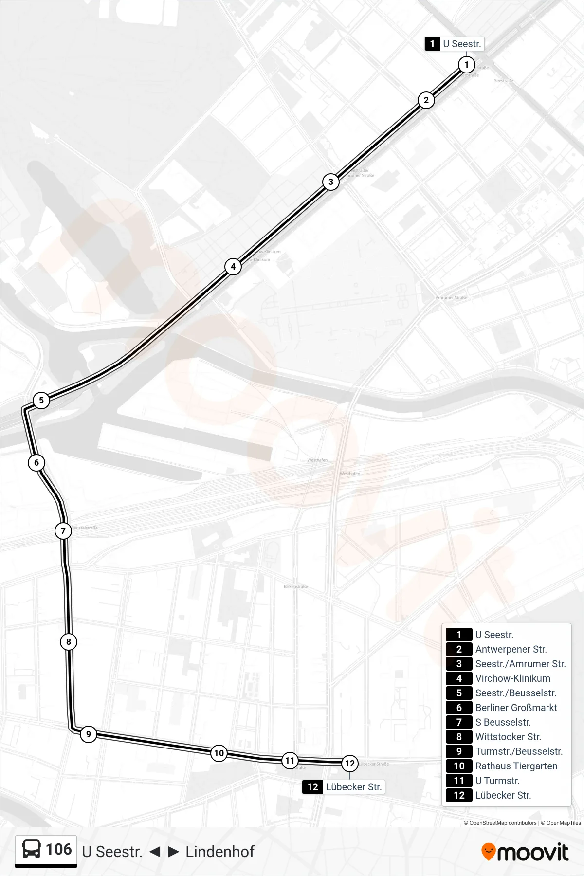 Linie 106 (Bus) Richtung Lübecker Str.: Route und Haltestellen auf der Karte