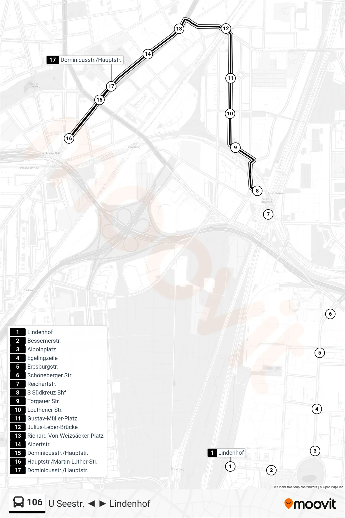 Linie 106 (Bus) Richtung Dominicusstr./Hauptstr.: Route und Haltestellen auf der Karte