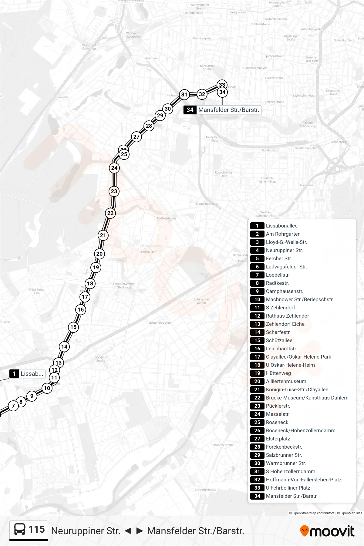 Linie 115 (Bus) Richtung Mansfelder Str./Barstr.: Route und Haltestellen auf der Karte