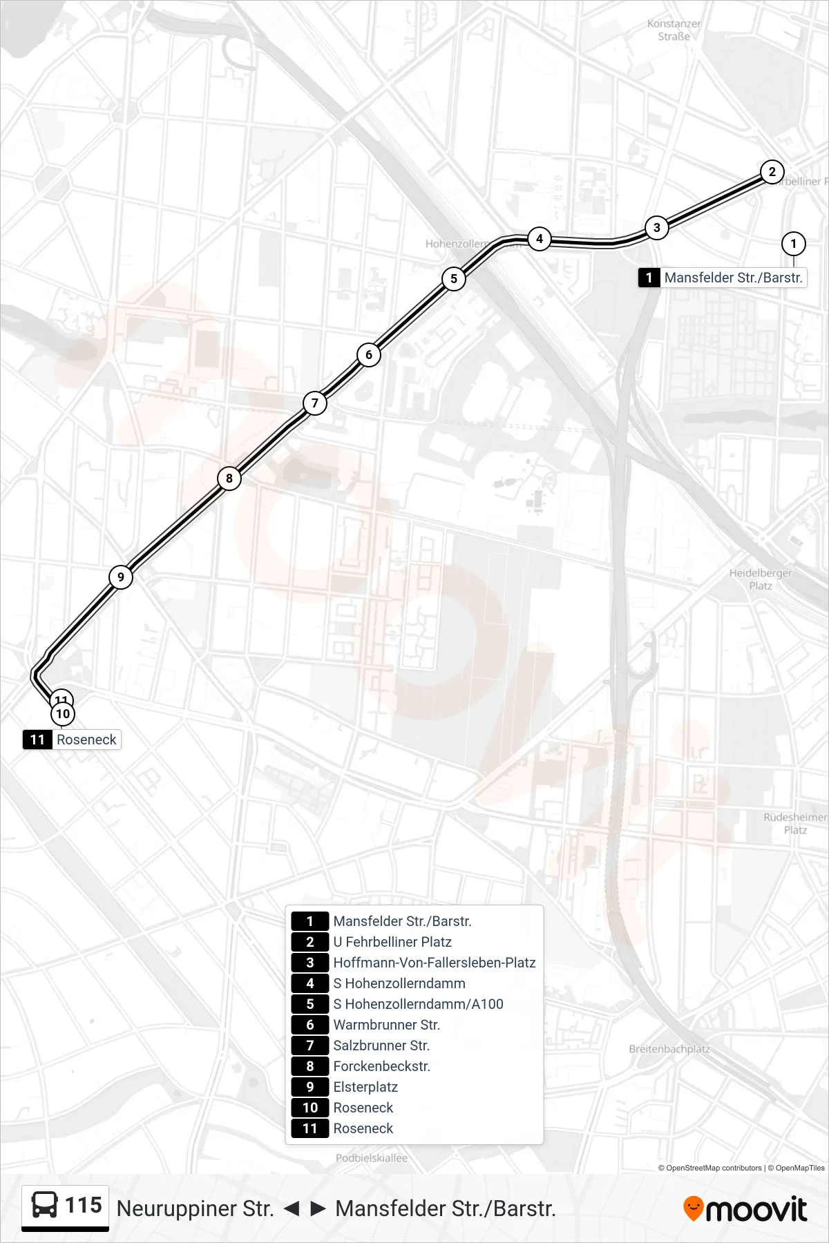 115 bus Line (Roseneck) route and stops on a map