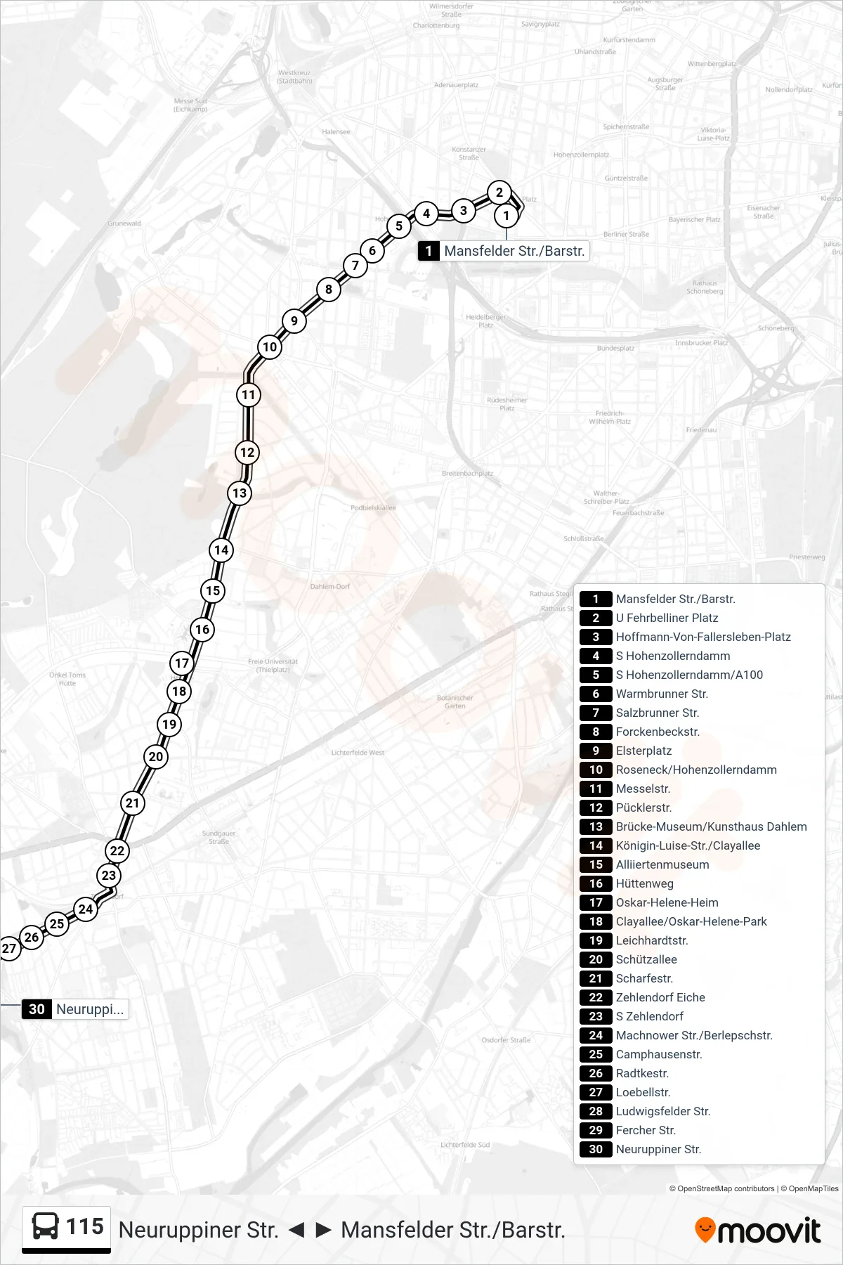 115 bus Line (Neuruppiner Str.) route and stops on a map