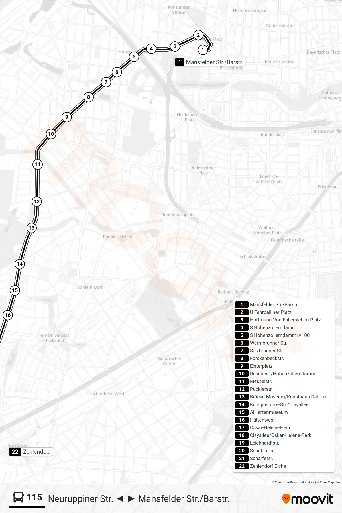 115 bus Line (Zehlendorf Eiche) route and stops on a map