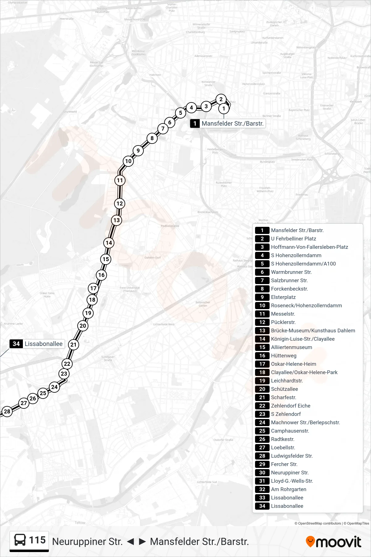 115 bus Line (Lissabonallee) route and stops on a map