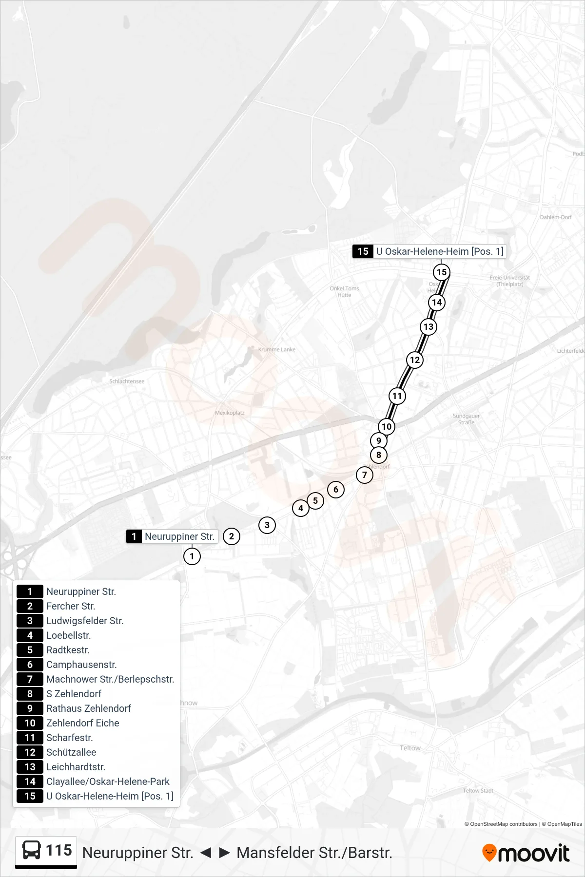 115 bus Line (U Oskar-Helene-Heim [Pos. 1]) route and stops on a map