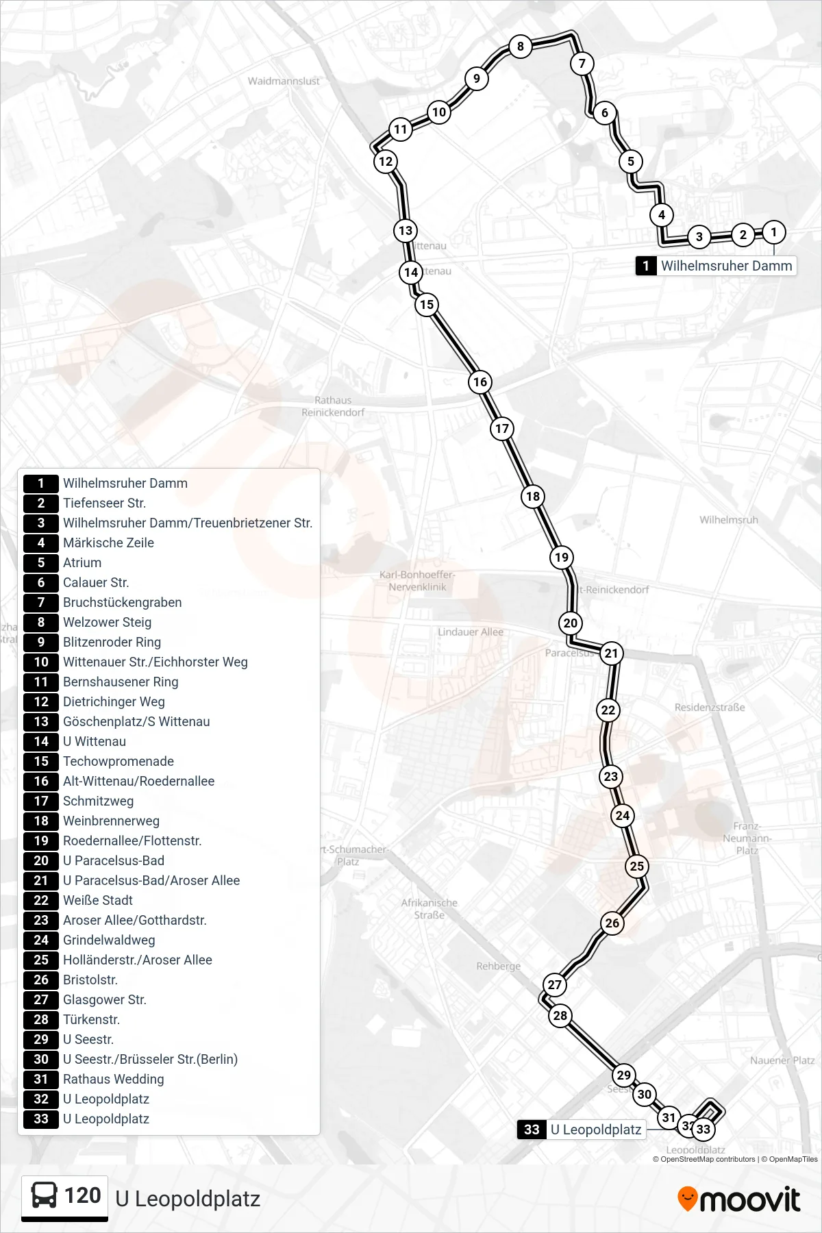 Linie 120 (Bus) Richtung U Leopoldplatz: Route und Haltestellen auf der Karte