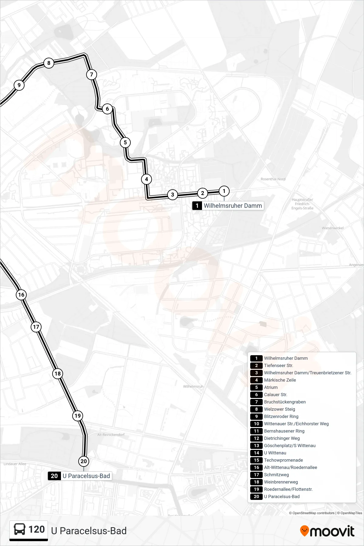 120 bus Line (U Paracelsus-Bad) route and stops on a map