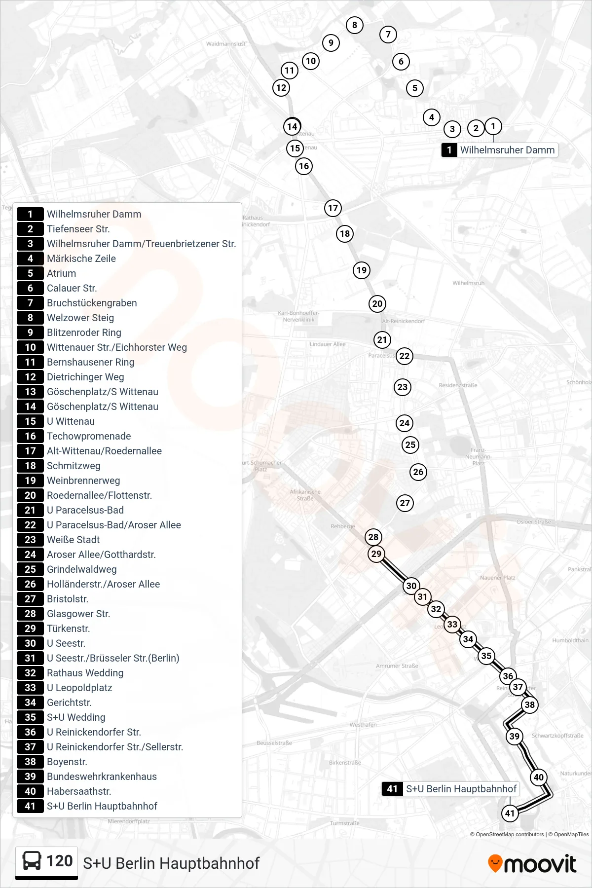 Linie 120 (Bus) Richtung S+U Berlin Hauptbahnhof: Route und Haltestellen auf der Karte
