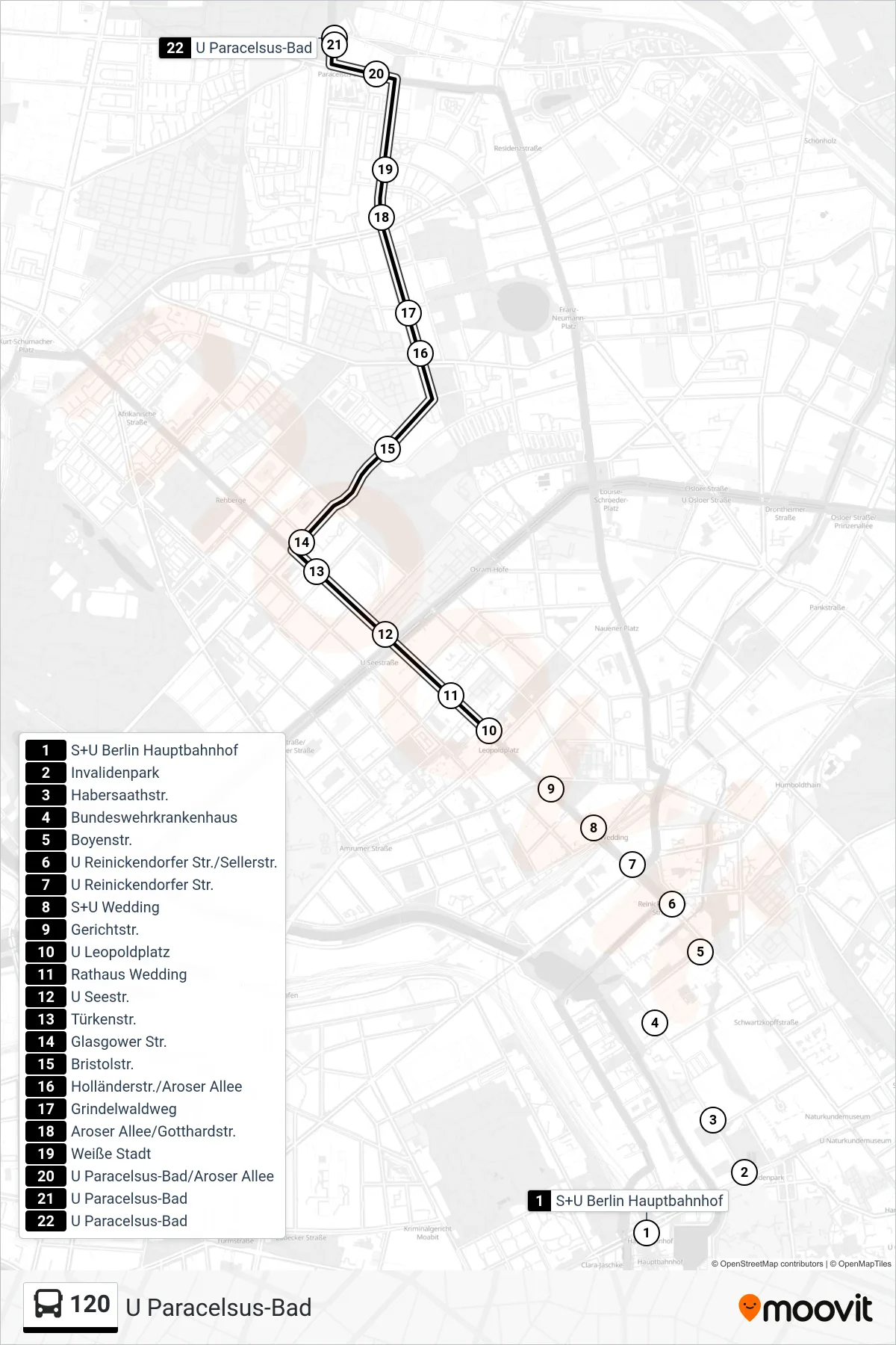 120 bus Line (U Paracelsus-Bad) route and stops on a map