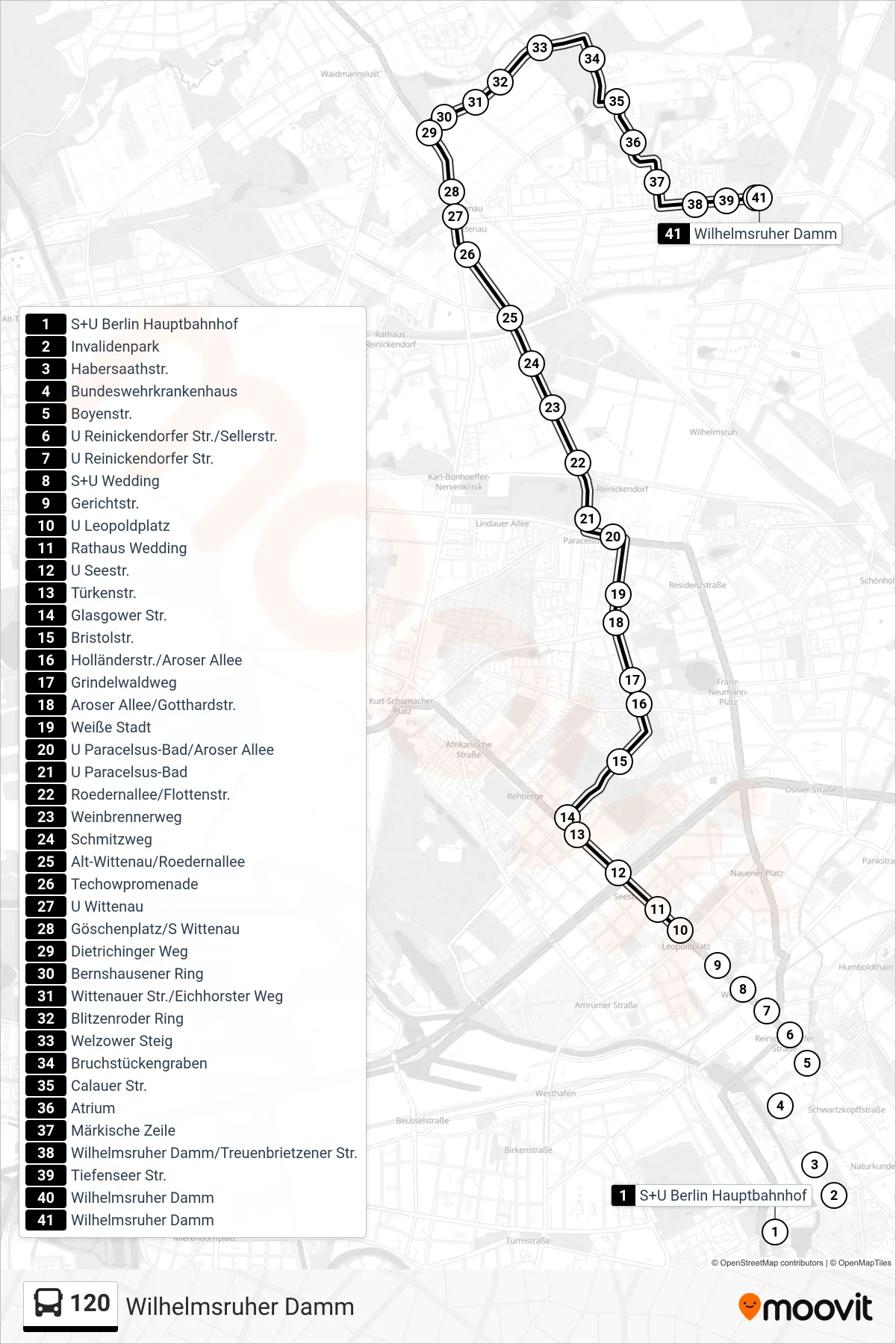 Linie 120 (Bus) Richtung Wilhelmsruher Damm: Route und Haltestellen auf der Karte