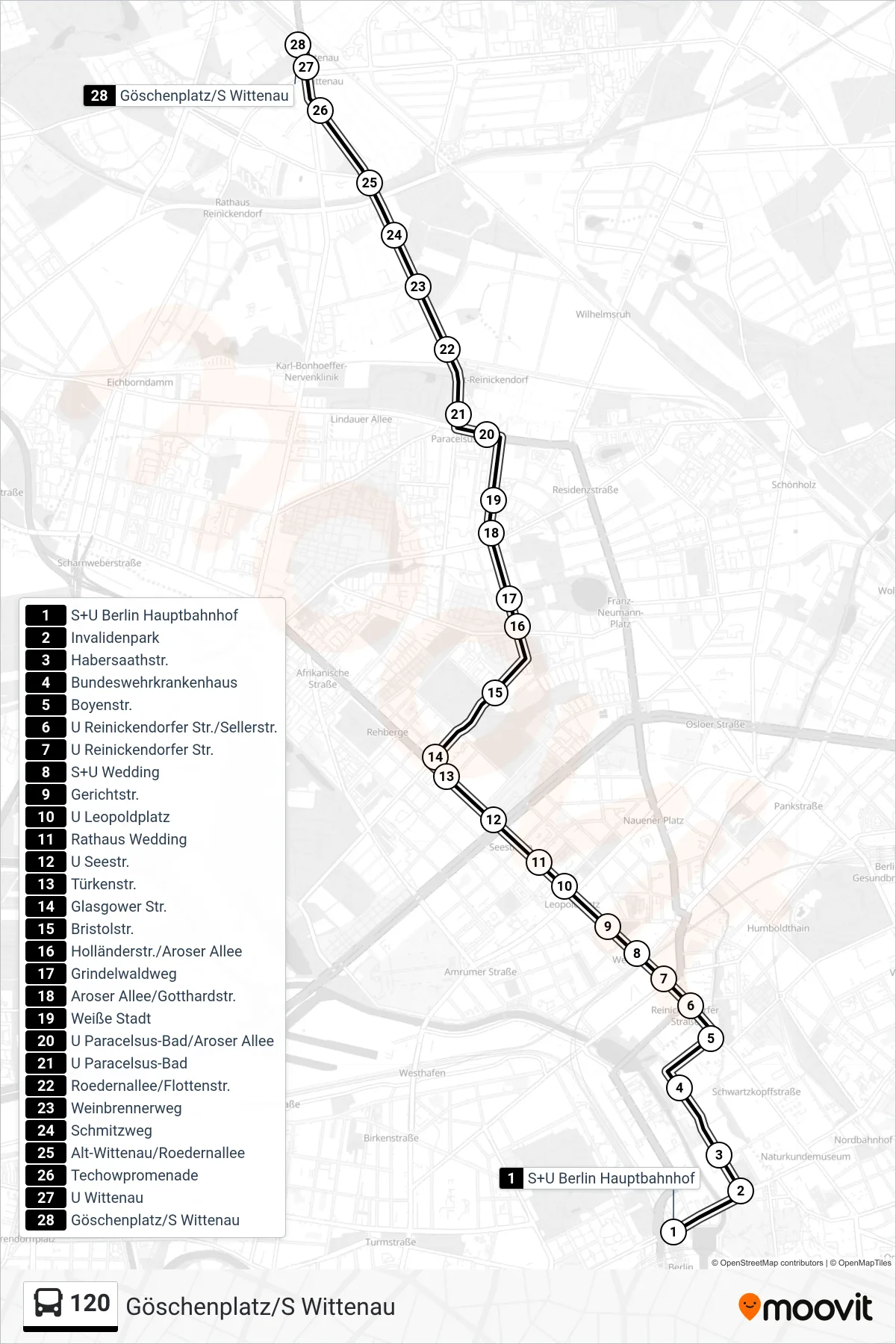 Linie 120 (Bus) Richtung Göschenplatz/S Wittenau: Route und Haltestellen auf der Karte