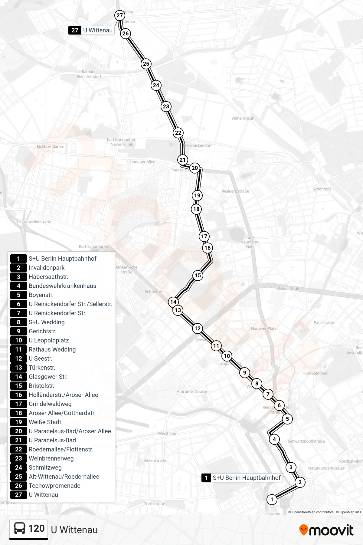Linie 120 (Bus) Richtung U Wittenau: Route und Haltestellen auf der Karte