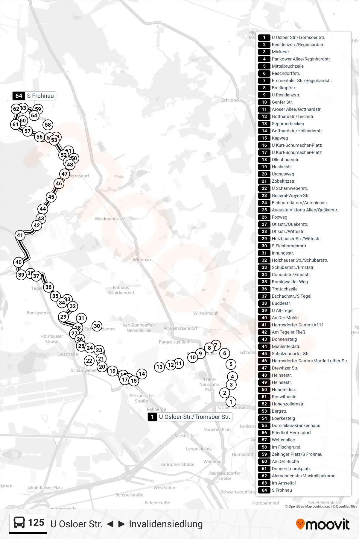 Linie 125 (Bus) Richtung S Frohnau: Route und Haltestellen auf der Karte