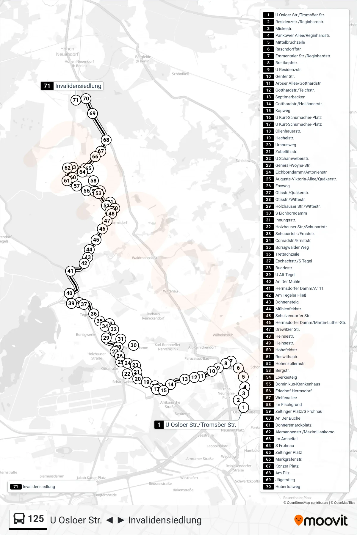 Linie 125 (Bus) Richtung Invalidensiedlung: Route und Haltestellen auf der Karte
