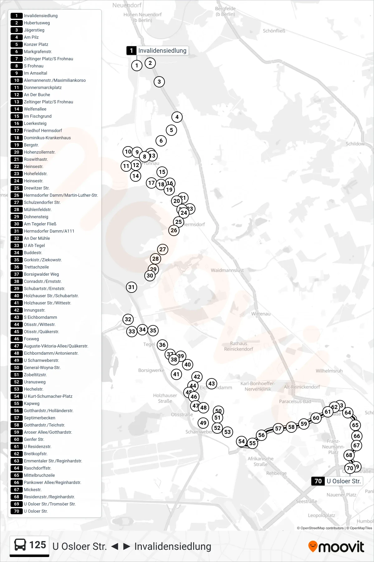 Linie 125 (Bus) Richtung U Osloer Str.: Route und Haltestellen auf der Karte