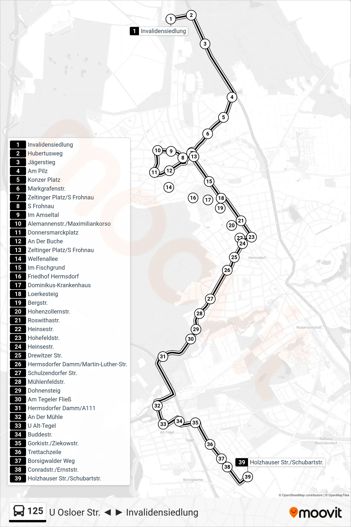 125 bus Line (Holzhauser Str./Schubartstr.) route and stops on a map
