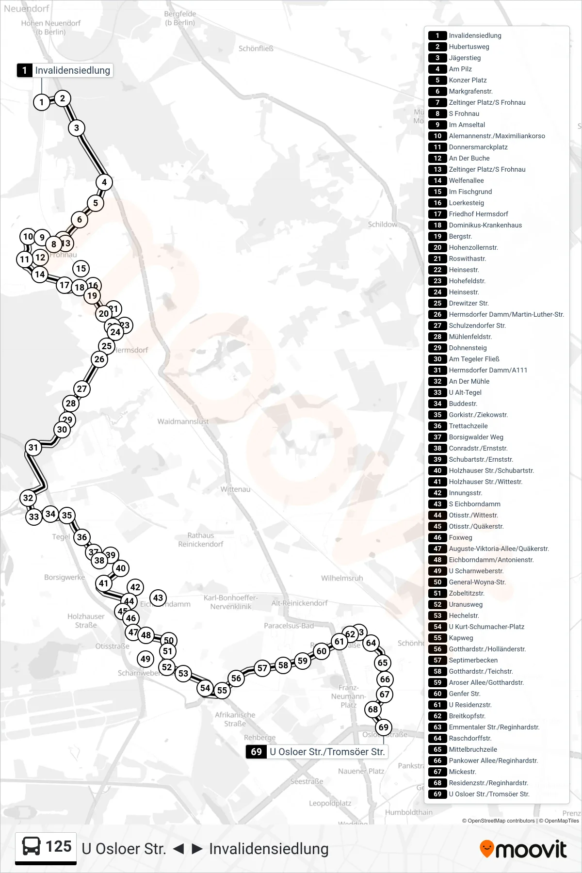 Linie 125 (Bus) Richtung U Osloer Str./Tromsöer Str.: Route und Haltestellen auf der Karte