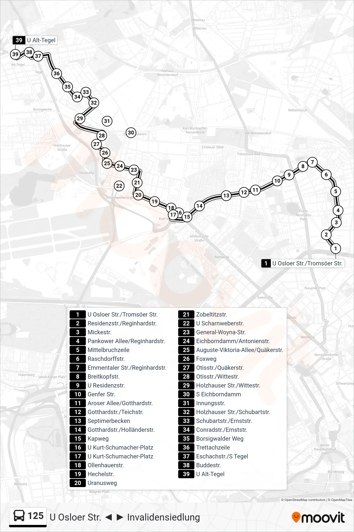 Linie 125 (Bus) Richtung U Alt-Tegel: Route und Haltestellen auf der Karte