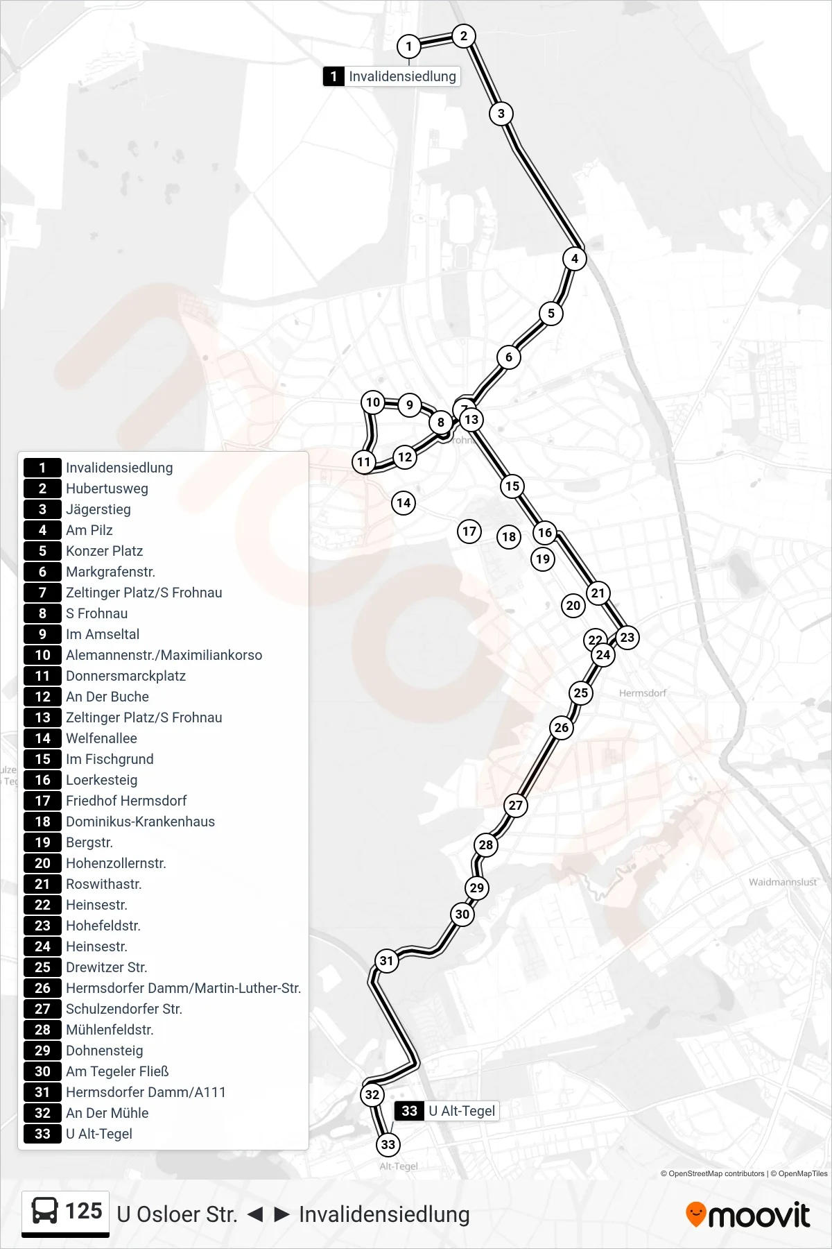 Linie 125 (Bus) Richtung U Alt-Tegel: Route und Haltestellen auf der Karte
