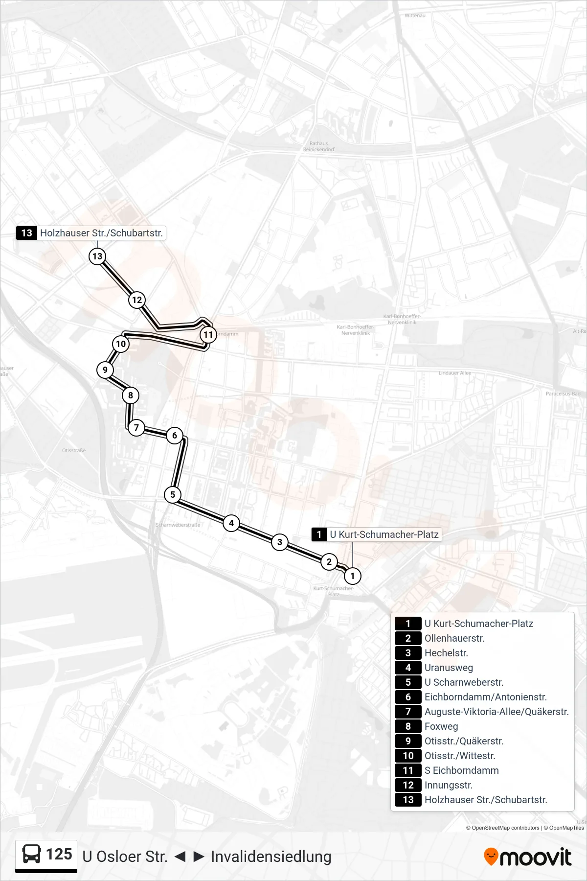 Linie 125 (Bus) Richtung Holzhauser Str./Schubartstr.: Route und Haltestellen auf der Karte